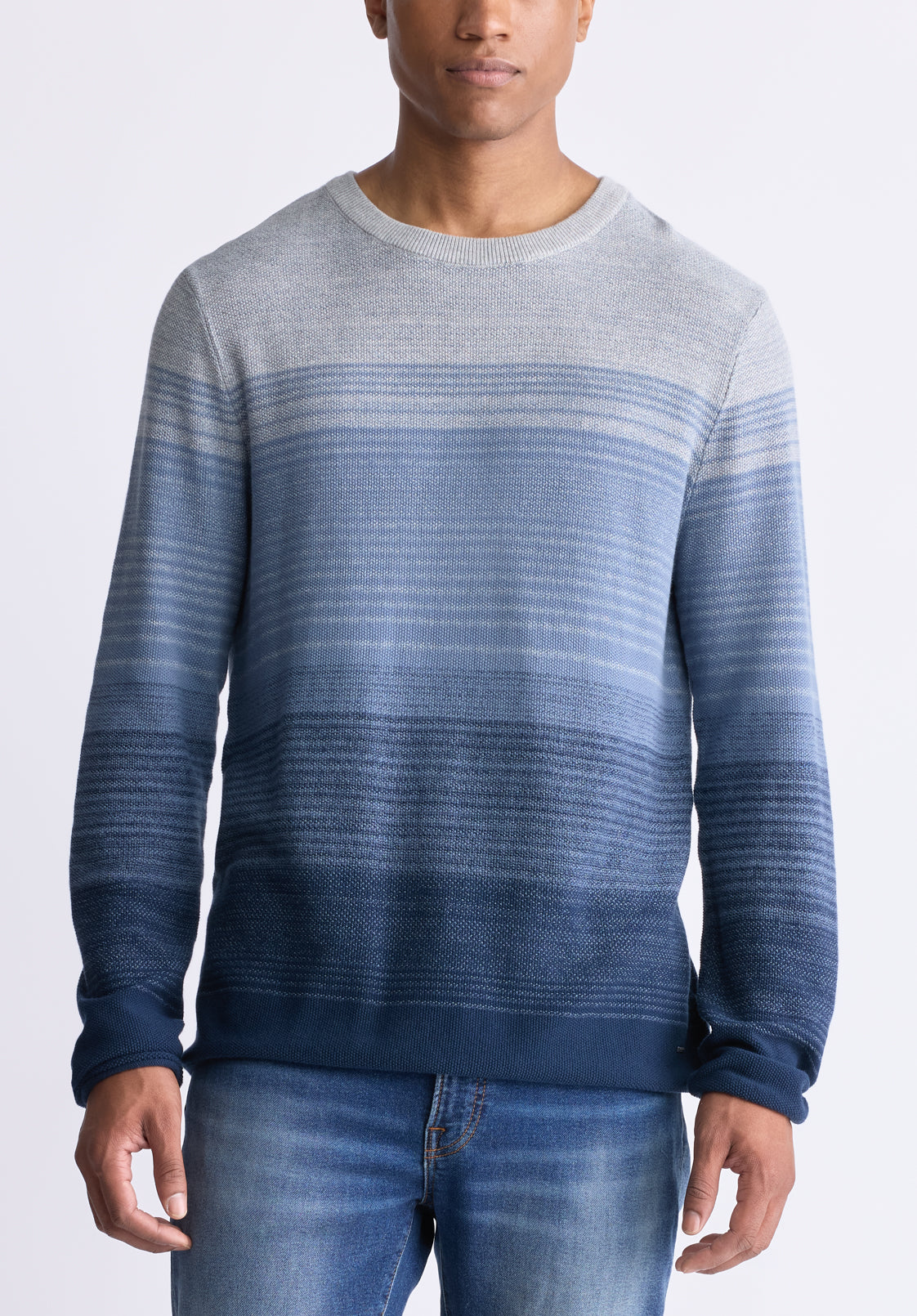 Waldy Men s Gradient Striped Knit Pullover Mirage Blue Buffalo Jeans CA