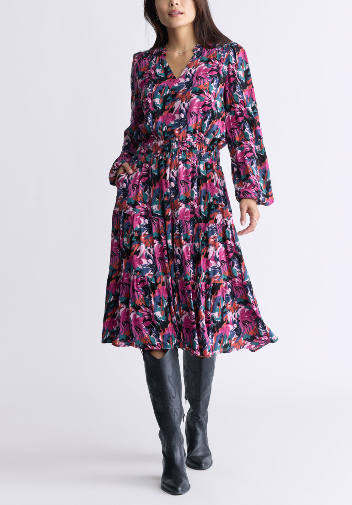 Buffalo Shred Design, Blue and Red Modest Hip Dress, deals All-over print long sleeve midi dress