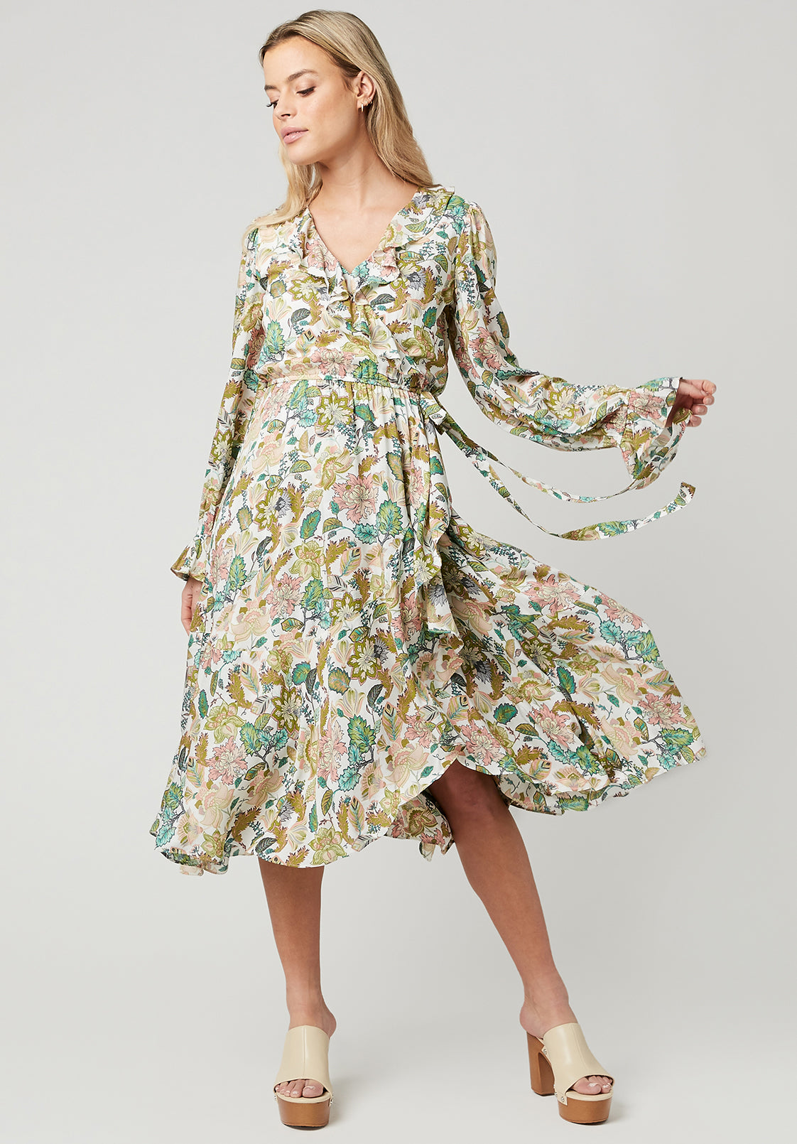 Linka Cami Strap Midi Dress Floral Print Avocado