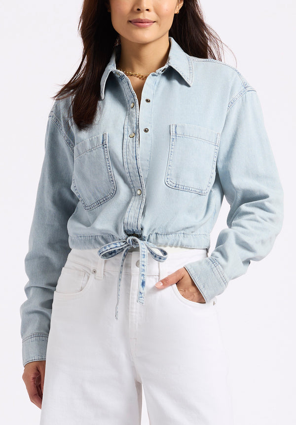 Serena Women's Long-Sleeve Cropped Denim Shirt, Bleached Down Blue - BL16021