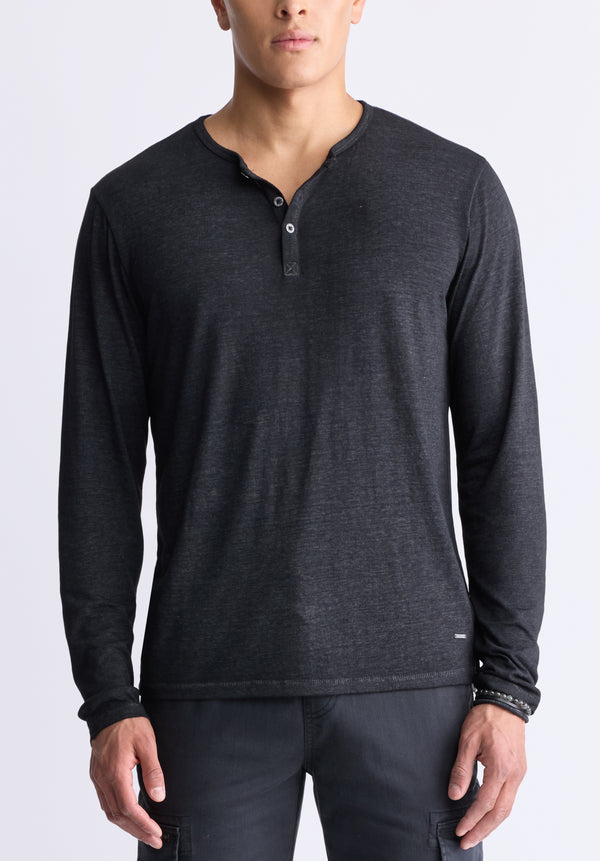 Buffalo David Bitton Kaduk Men's Long-Sleeve Burnout Henley Top, Black - BM24237 Color BLACK