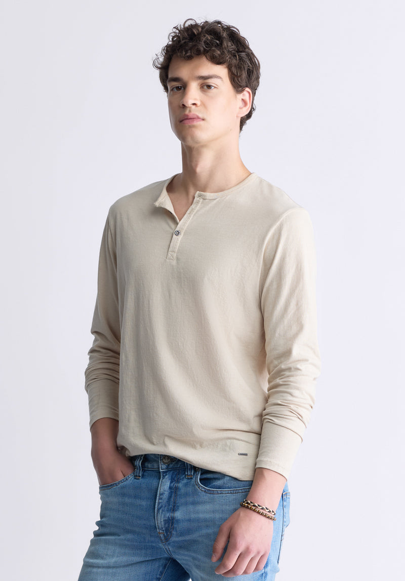 Buffalo David Bitton Kaduk Men's Long-Sleeve Burnout Henley Top, Irish Cream - BM24237 Color IRISH CREAM