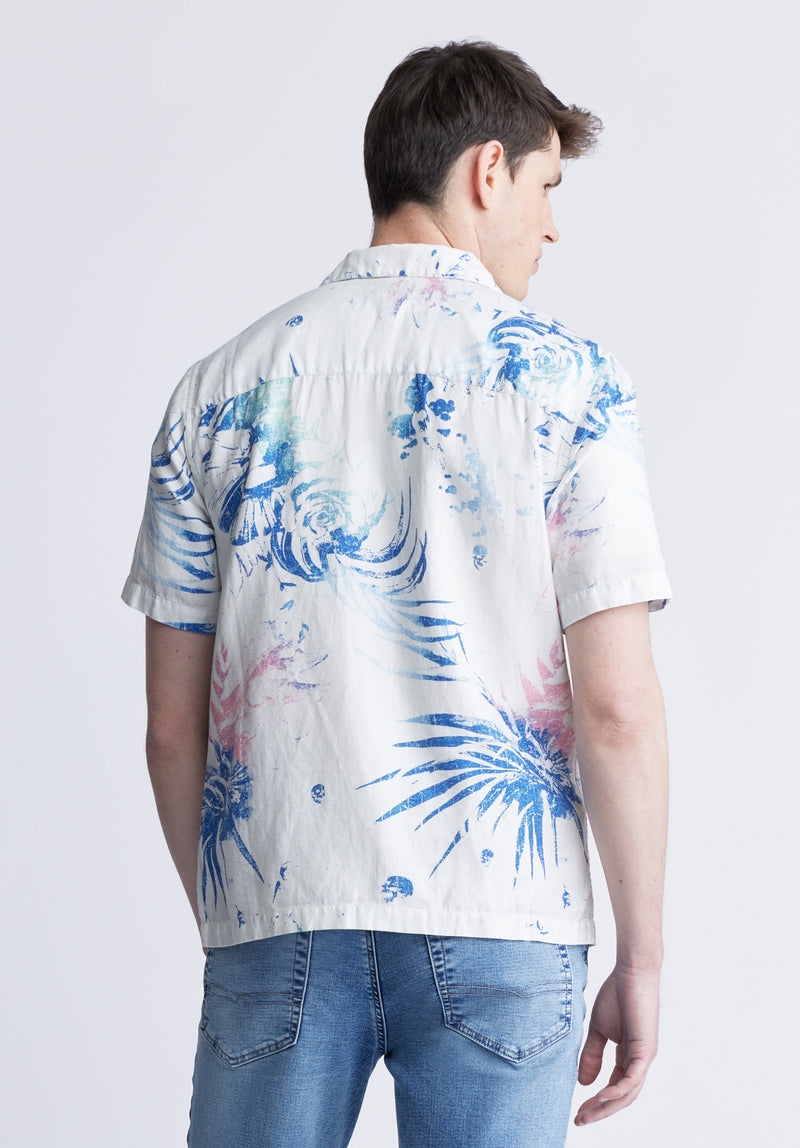 Salaman Men's Short Sleeve Shirt, White with Blue Print - BM24363