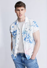 Salaman Men's Short Sleeve Shirt, White with Blue Print - BM24363