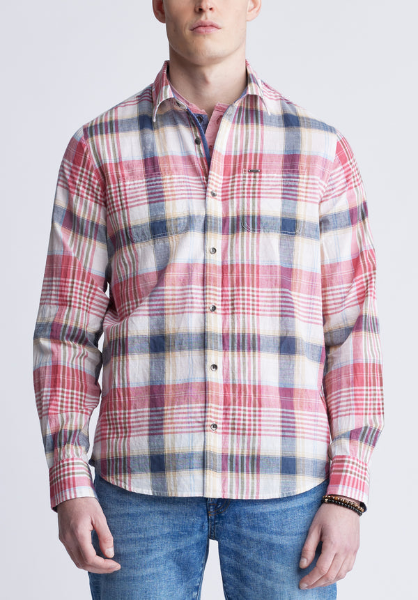 Sizar Men's Long Sleeve Plaid Shirt, White with Pink and Blue - BM24370