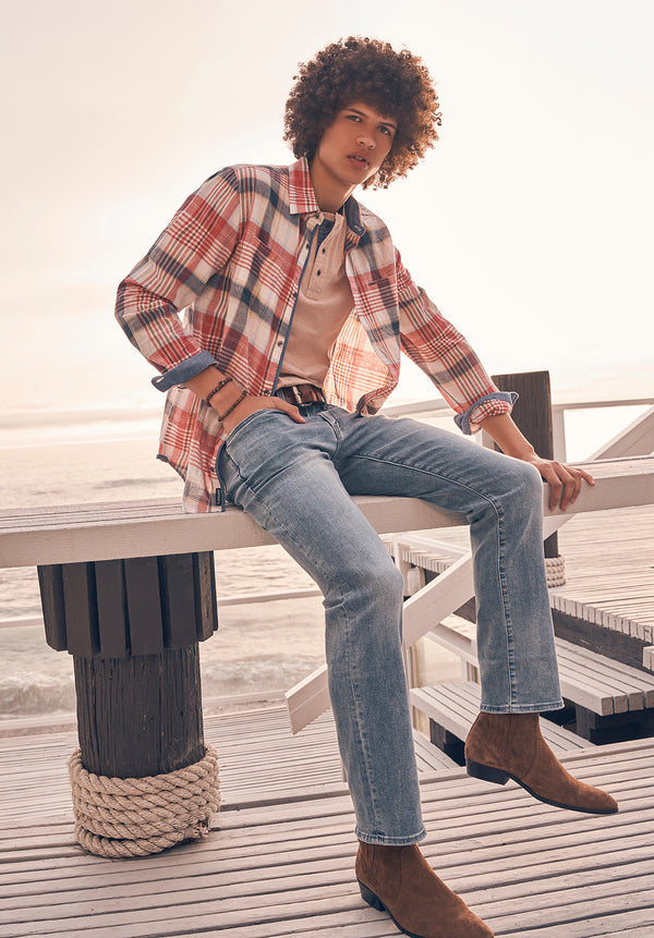 Chemise Sizar à manches longues et à carreaux pour homme, blanc avec rose et bleu - BM24370