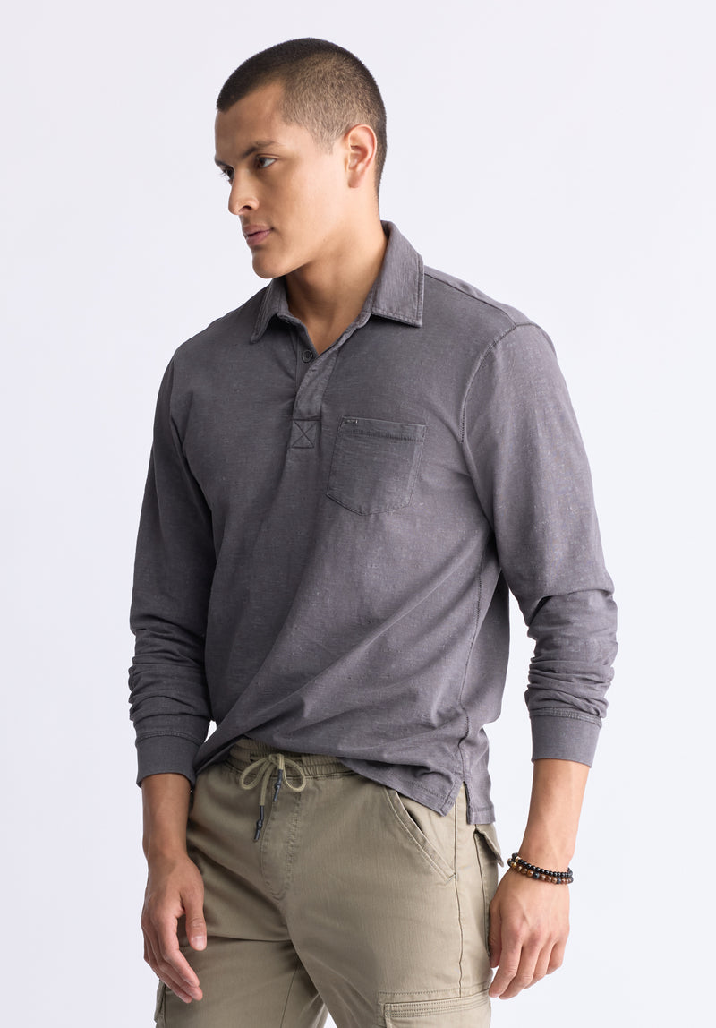 Buffalo David Bitton Kimmy Men's Long-Sleeve Polo with Pocket, Charcoal - BM24378 Color CHARCOAL