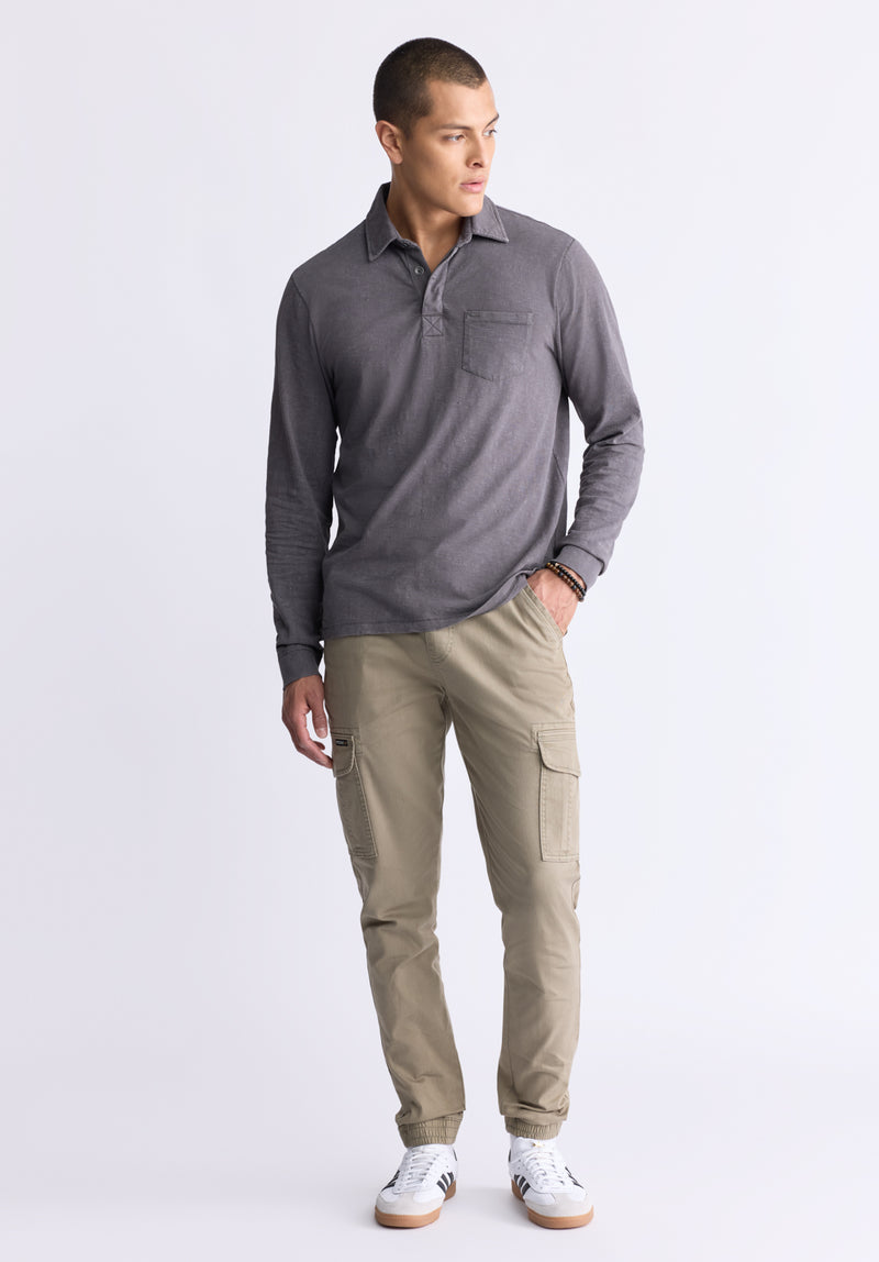 Buffalo David Bitton Kimmy Men's Long-Sleeve Polo with Pocket, Charcoal - BM24378 Color CHARCOAL