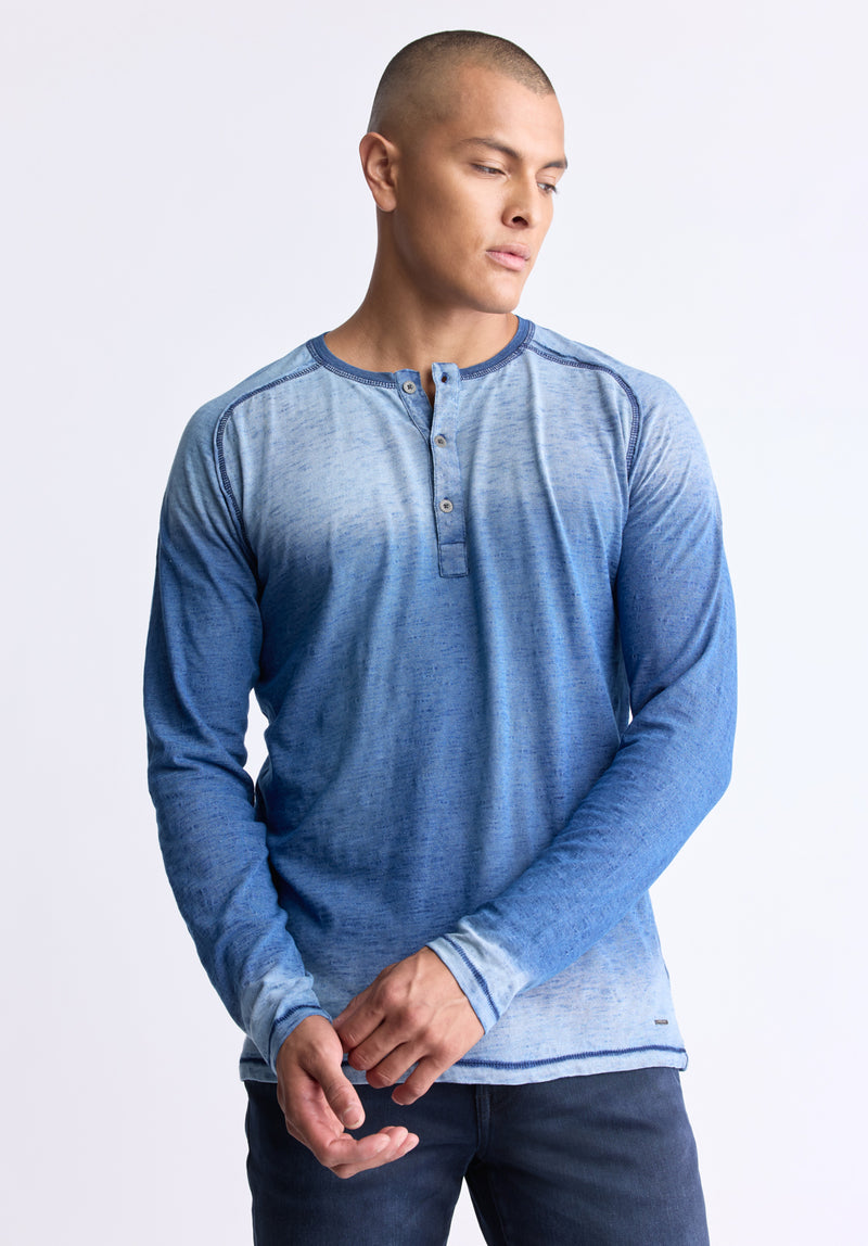 Kibbe Men's Ombre Long Sleeve Henley, Blue Gradient - BM24379