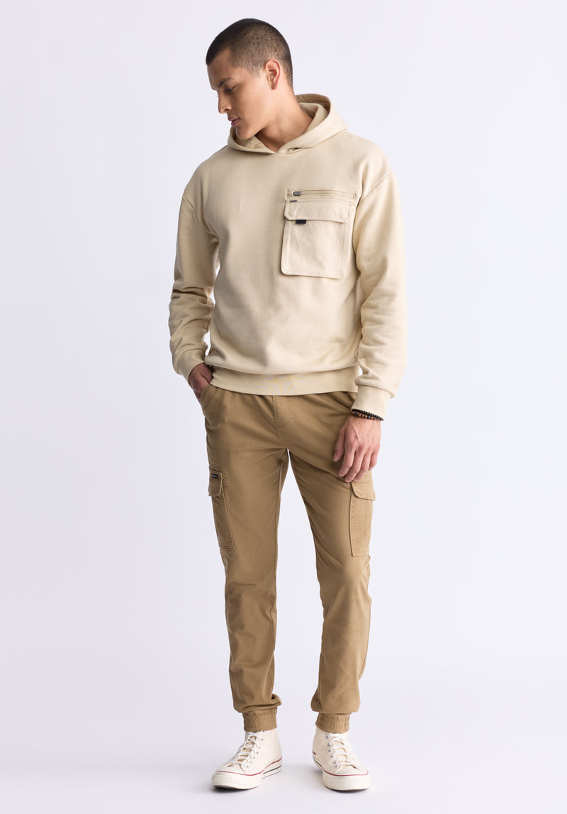 Buffalo David Bitton Fabio Men's Hooded Sweatshirt with Chest Pocket, Cream - BM24393 Color IRISH CREAM