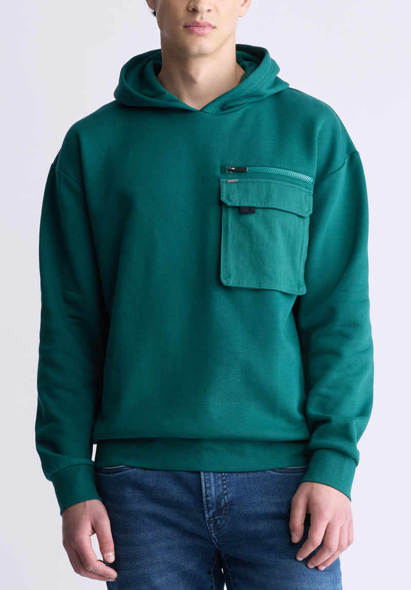 Buffalo David Bitton Fabio Men's Hooded Sweatshirt with Chest Pocket, Forest Green - BM24393 Color RAIN FOREST