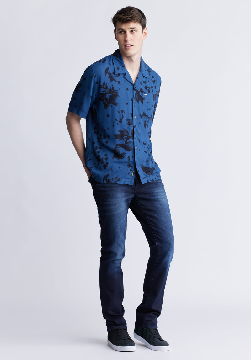 Sinzo Men's Short Sleeve Shirt, Blue with Black Print - BM24402