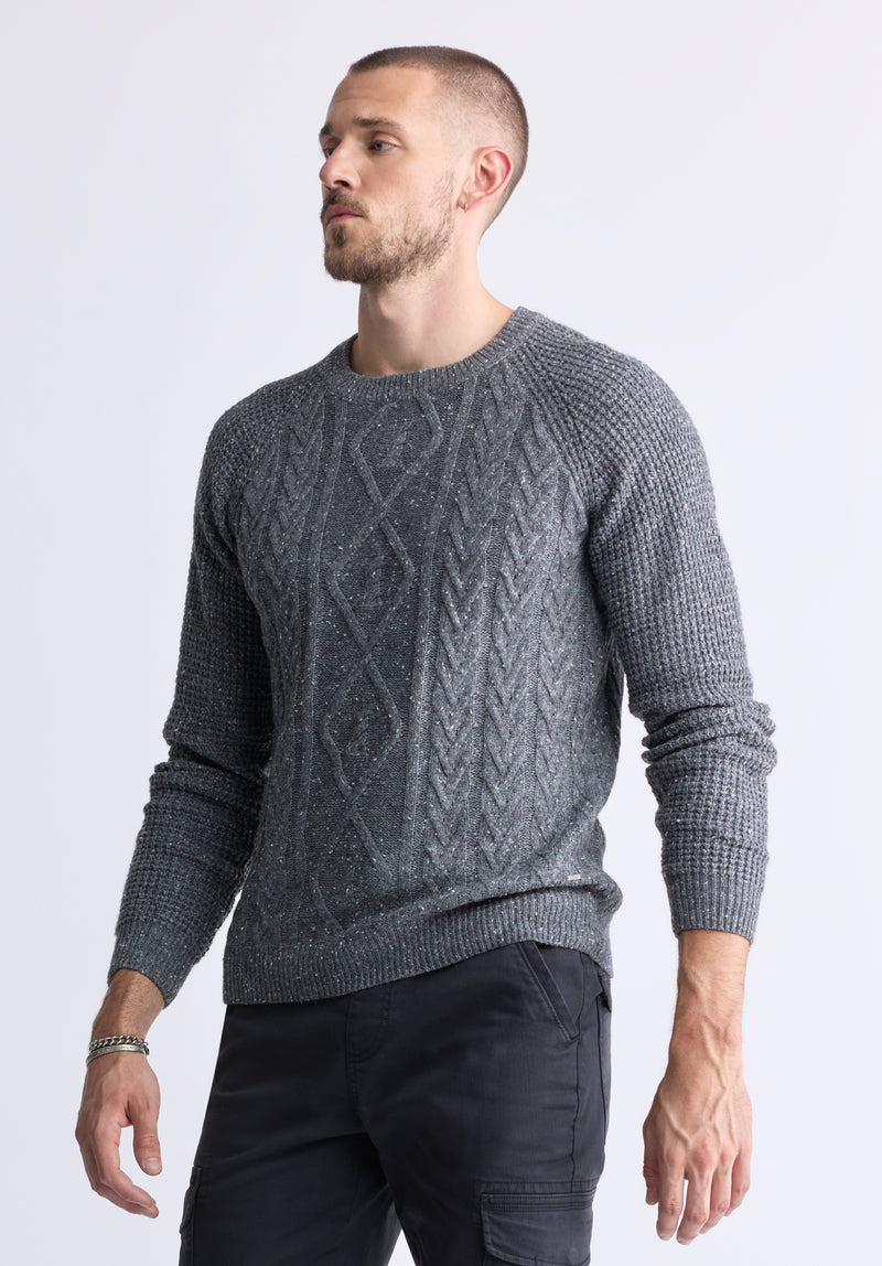 Wallaby Men’s Nep Yarn Cable Knit Crewneck Sweater, Grey - BM24417