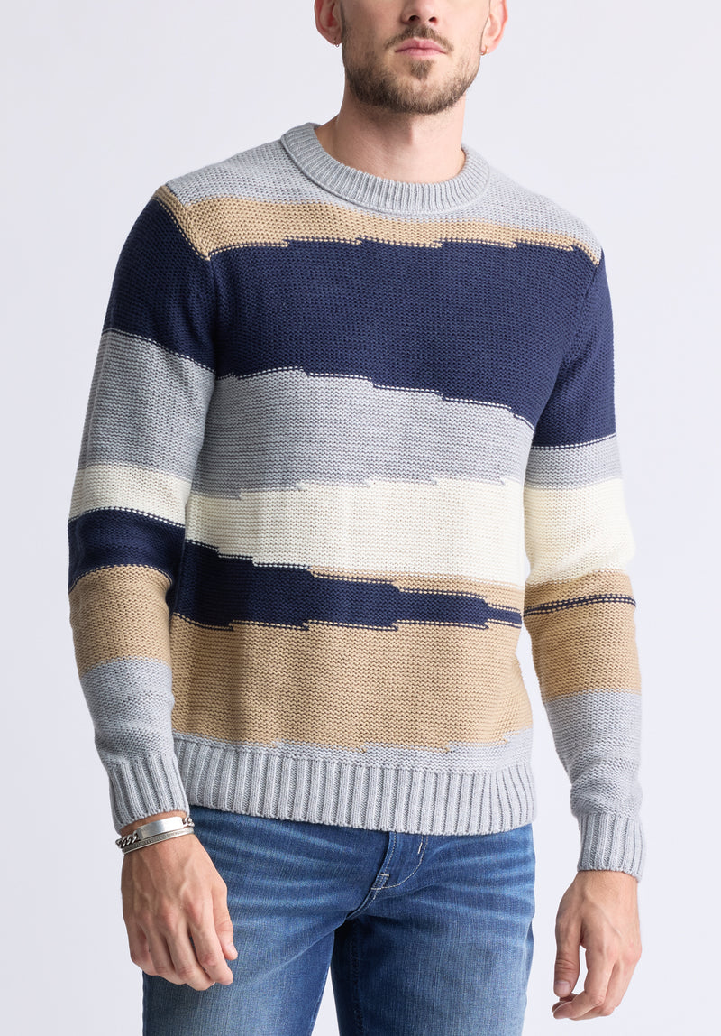 Wollen Men's Striped Colorblock Crewneck Sweater, Grey - BM24418