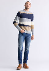 Wollen Men's Striped Colorblock Crewneck Sweater, Grey - BM24418