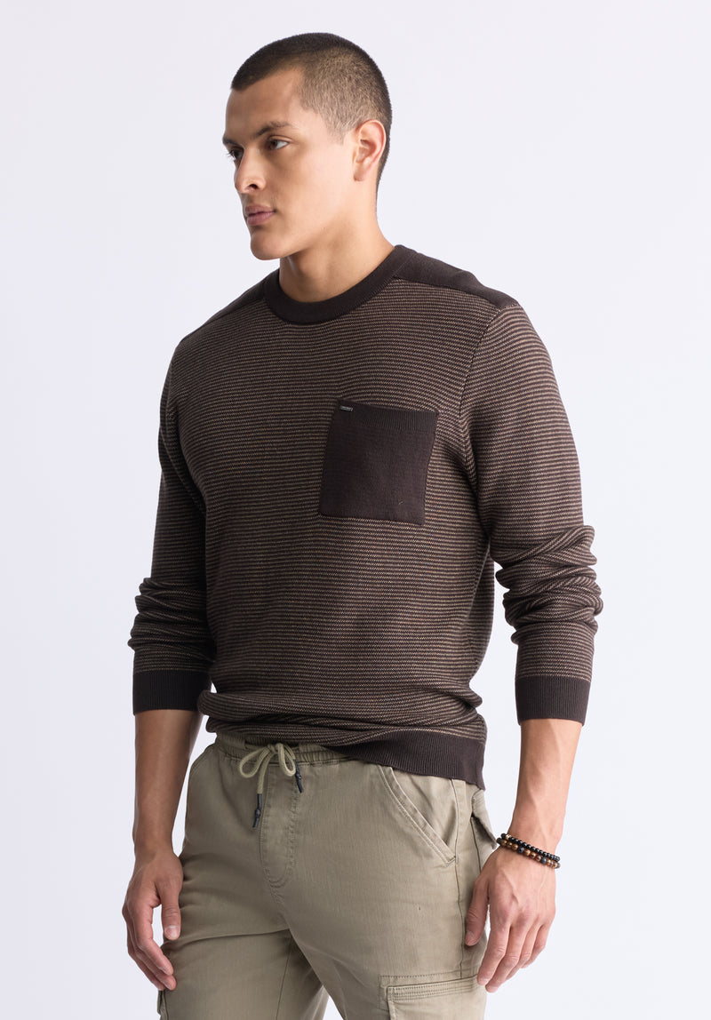 Buffalo David Bitton William Men's Striped Knit Pullover with Chest Pocket, Brown - BM24420 Color CHOCOLATE TORTE