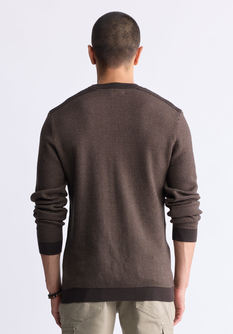 Buffalo David Bitton William Men's Striped Knit Pullover with Chest Pocket, Brown - BM24420 Color CHOCOLATE TORTE