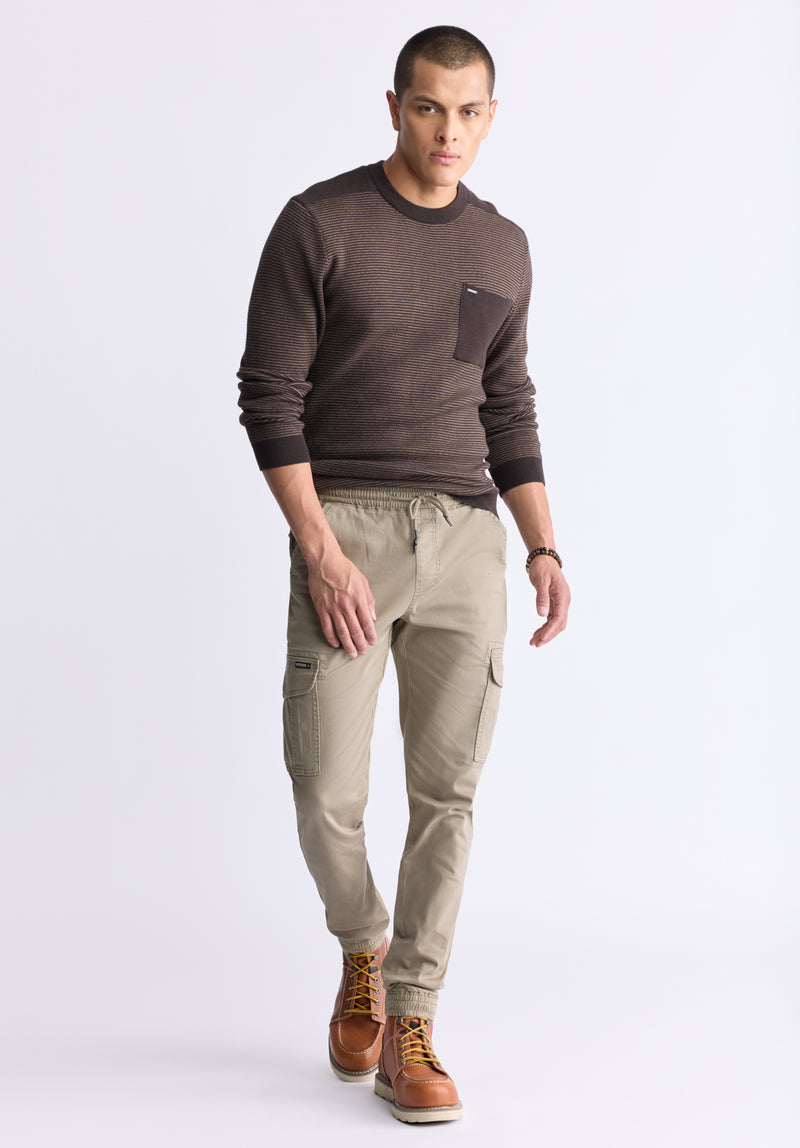 Buffalo David Bitton William Men's Striped Knit Pullover with Chest Pocket, Brown - BM24420 Color CHOCOLATE TORTE