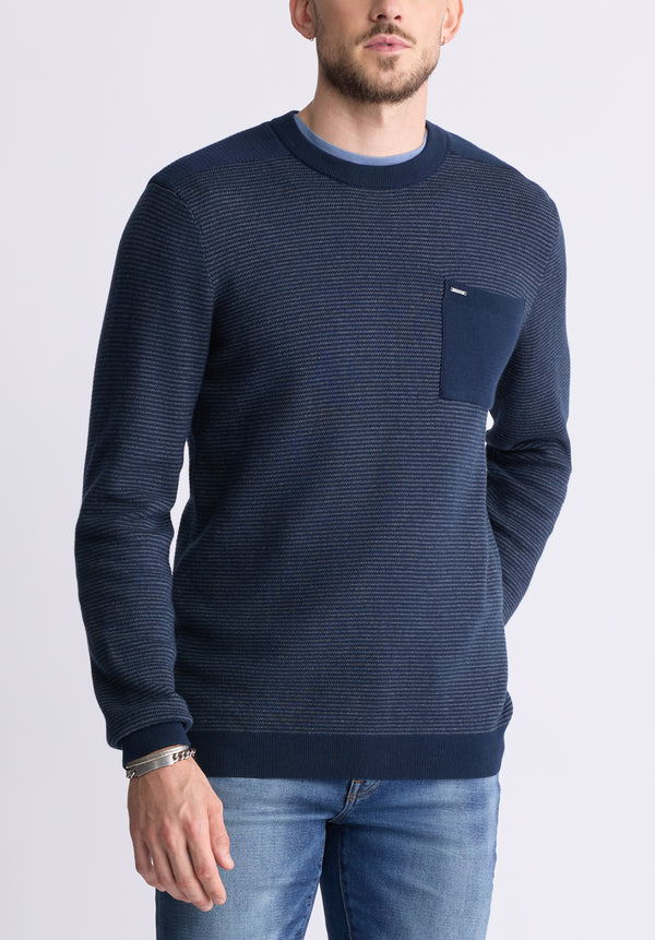 Buffalo David Bitton William Men's Striped Knit Pullover with Chest Pocket, Midnight Blue - BM24420 Color MIDNIGHT BLUE