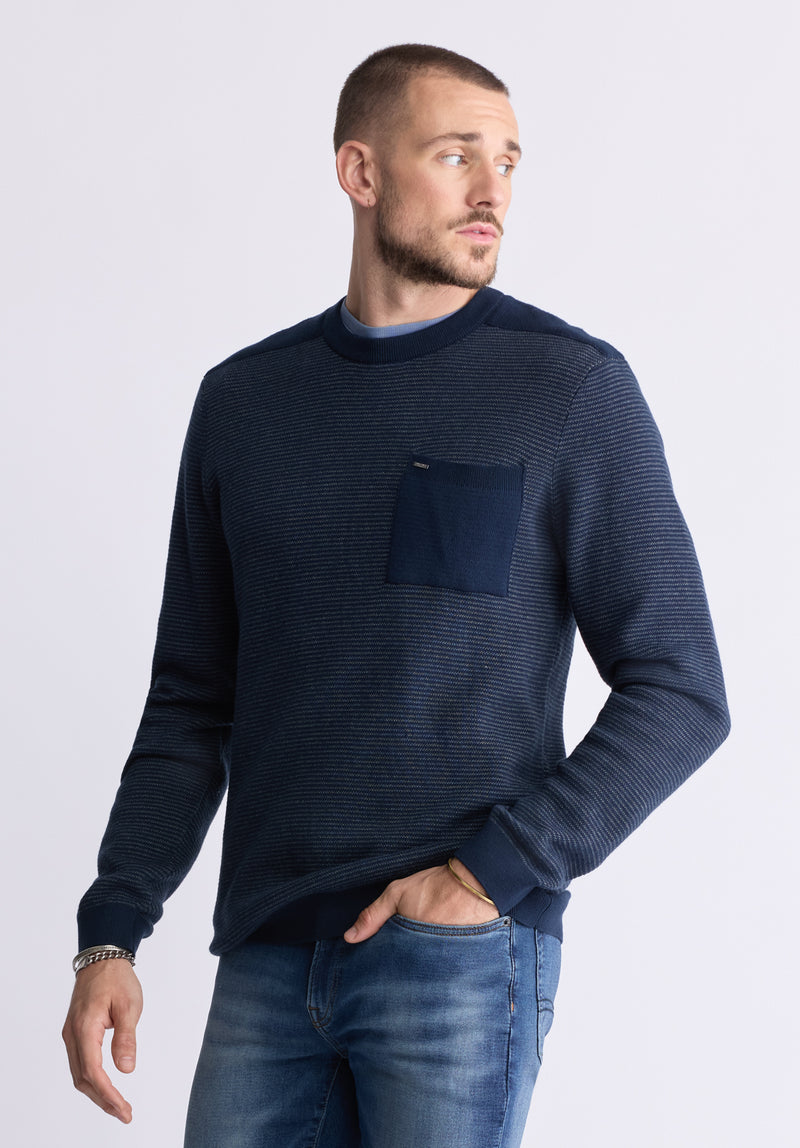 Buffalo David Bitton William Men's Striped Knit Pullover with Chest Pocket, Midnight Blue - BM24420 Color MIDNIGHT BLUE