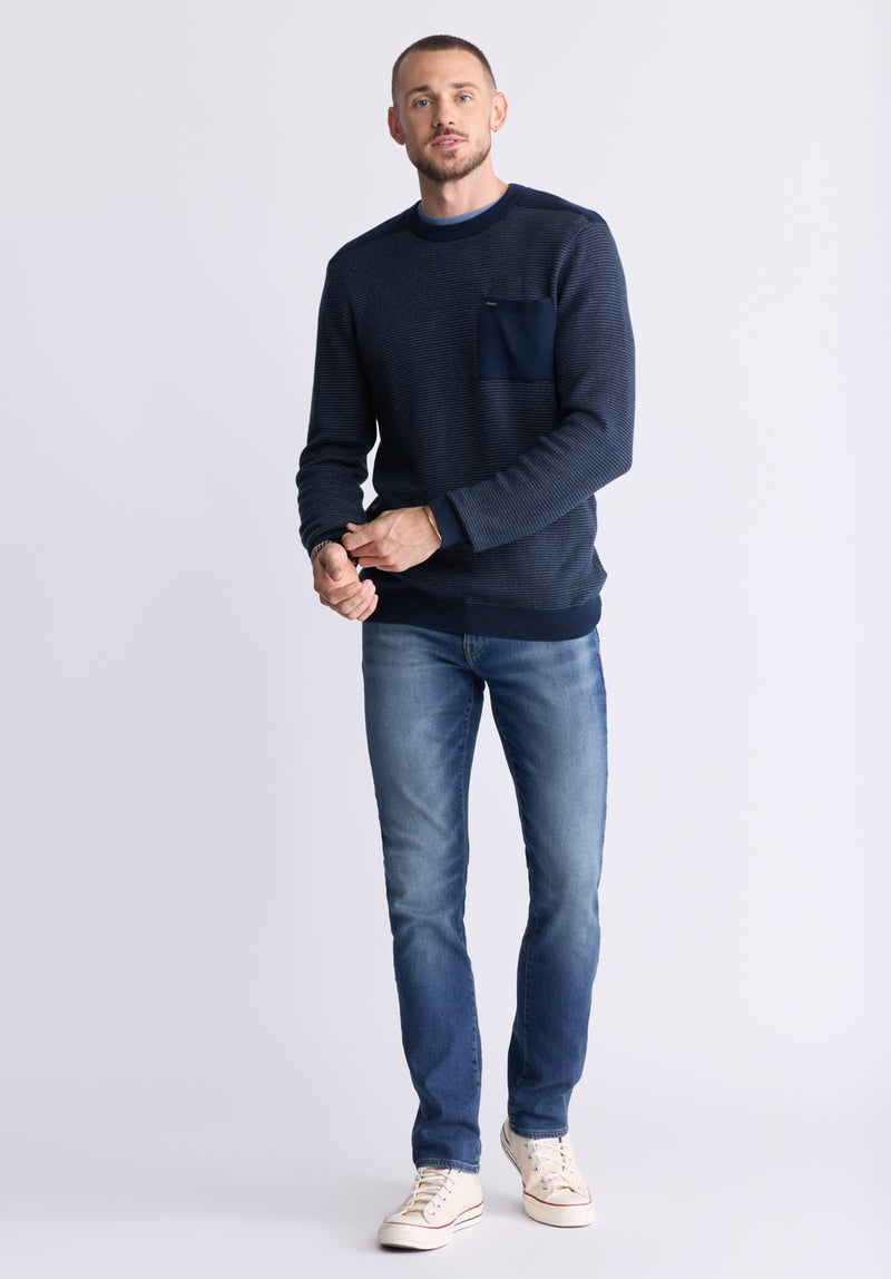 Buffalo David Bitton William Men's Striped Knit Pullover with Chest Pocket, Midnight Blue - BM24420 Color MIDNIGHT BLUE