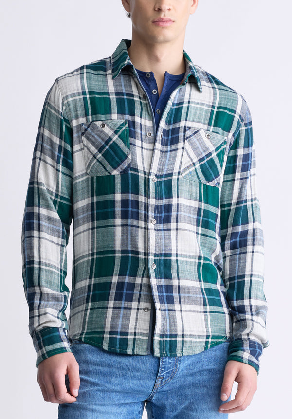 Buffalo David Bitton Saolo Men's Long-Sleeve Plaid Shirt, Forest Green - BM24425 Color RAIN FOREST