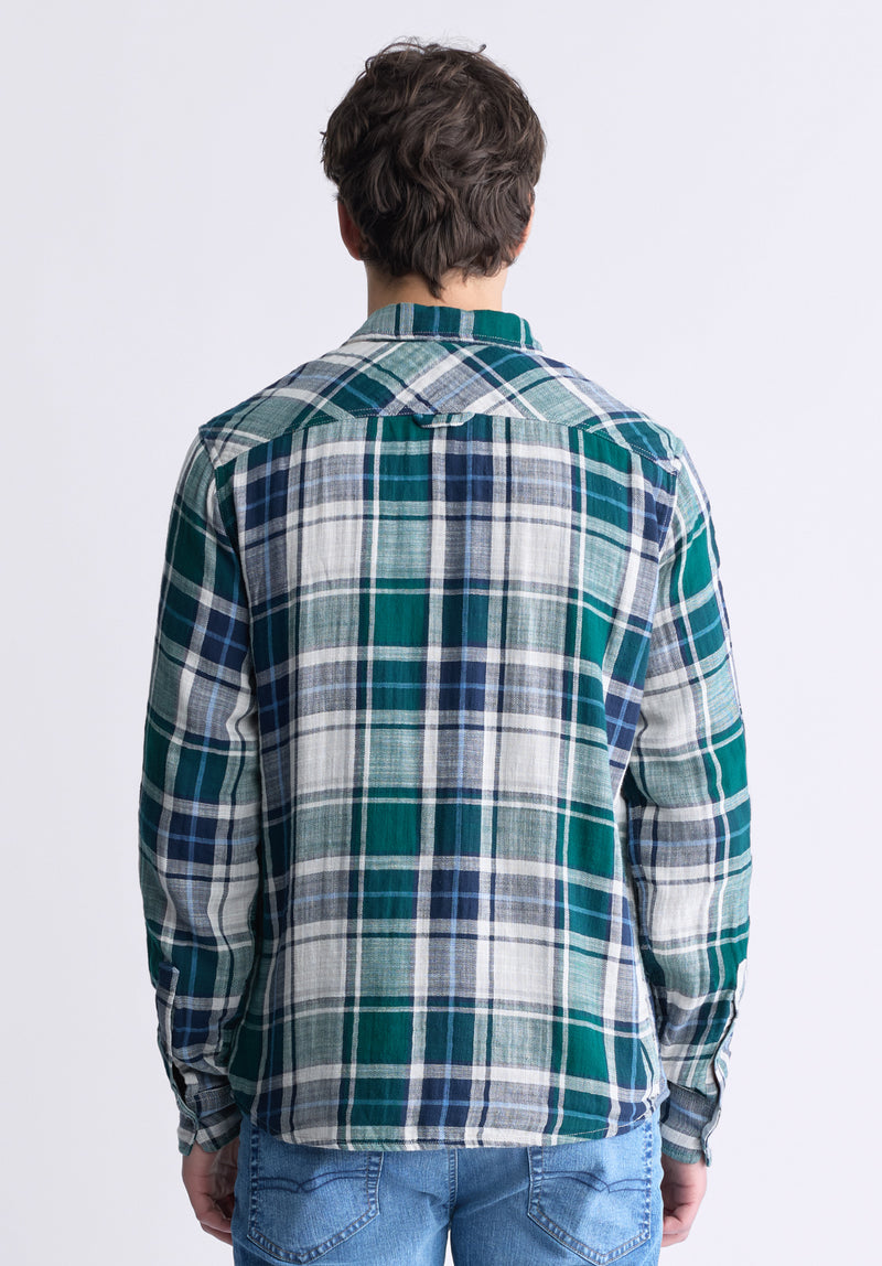 Buffalo David Bitton Saolo Men's Long-Sleeve Plaid Shirt, Forest Green - BM24425 Color RAIN FOREST