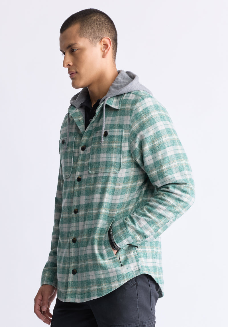 Buffalo David Bitton Jakeim Men's Plaid Hooded Shacket, Grey & Green - BM24443 Color RAIN FOREST