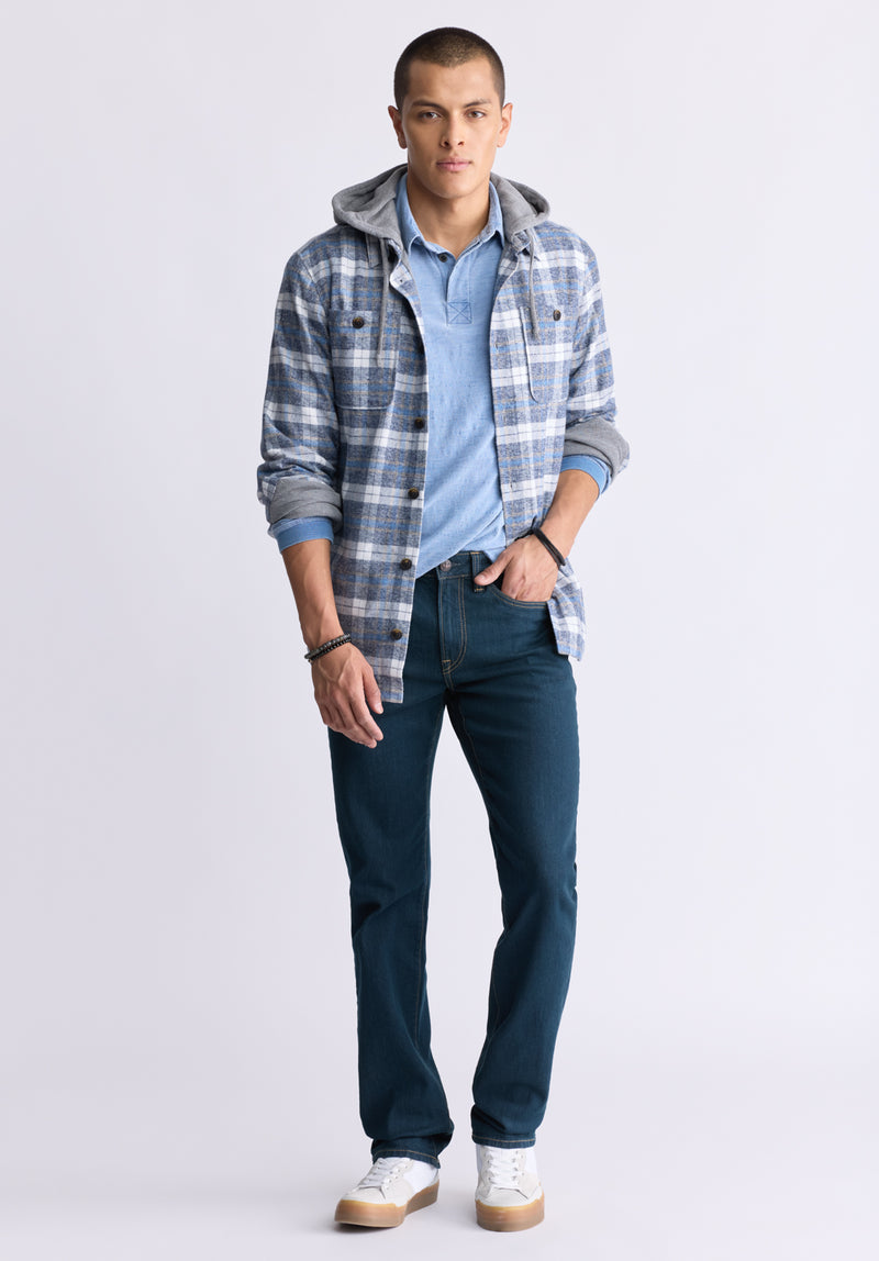 Buffalo David Bitton Jakeim Men's Plaid Hooded Shacket, Grey & Blue - BM24443 Color CORONET BLUE