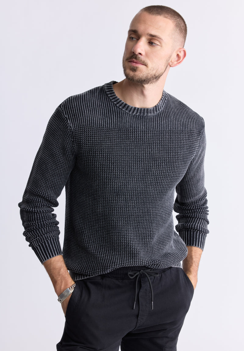 Washy Men's Textured Knit Crewneck Sweater, Grey - BM24451