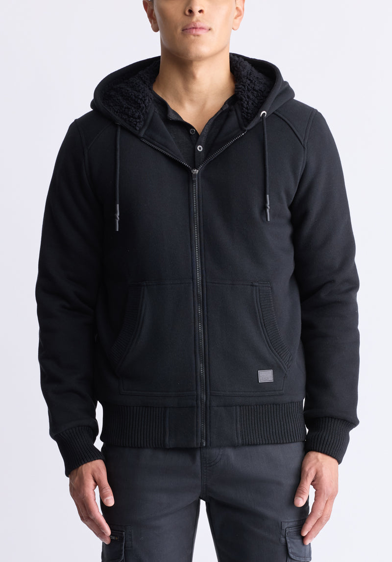 Buffalo David Bitton Fasox Men's Zip-Up Hooded Jacket with Sherpa Lining, Black - BM24463 Color BLACK