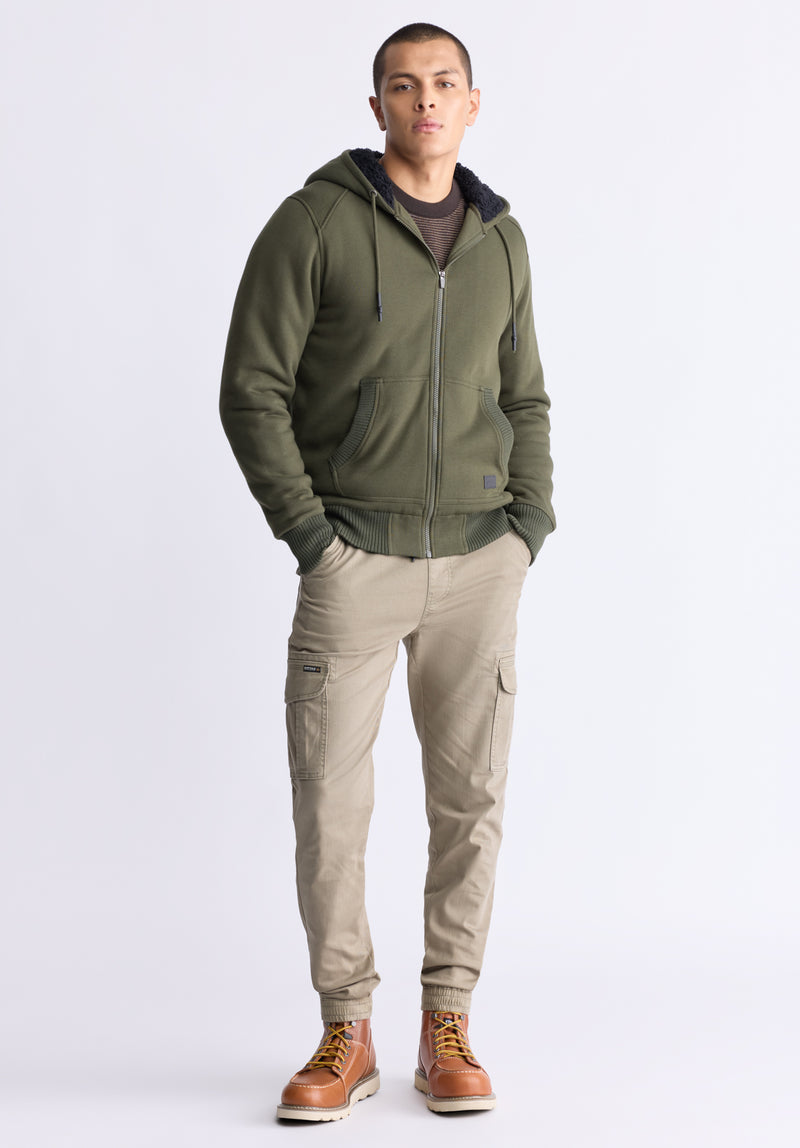 Buffalo David Bitton Fasox Men's Zip-Up Hooded Jacket with Sherpa Lining, Fern Green - BM24463 Color FERN