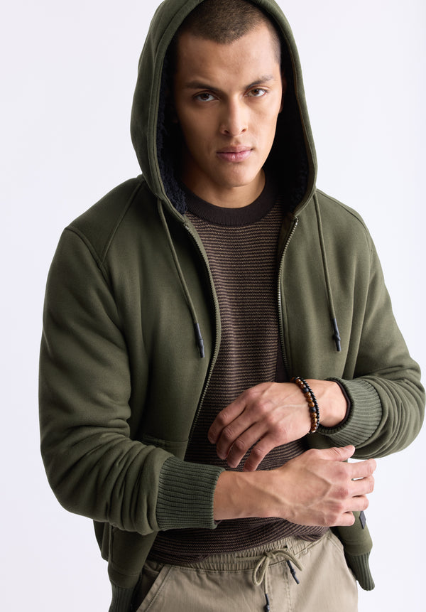 Buffalo David Bitton Fasox Men's Zip-Up Hooded Jacket with Sherpa Lining, Fern Green - BM24463 Color FERN