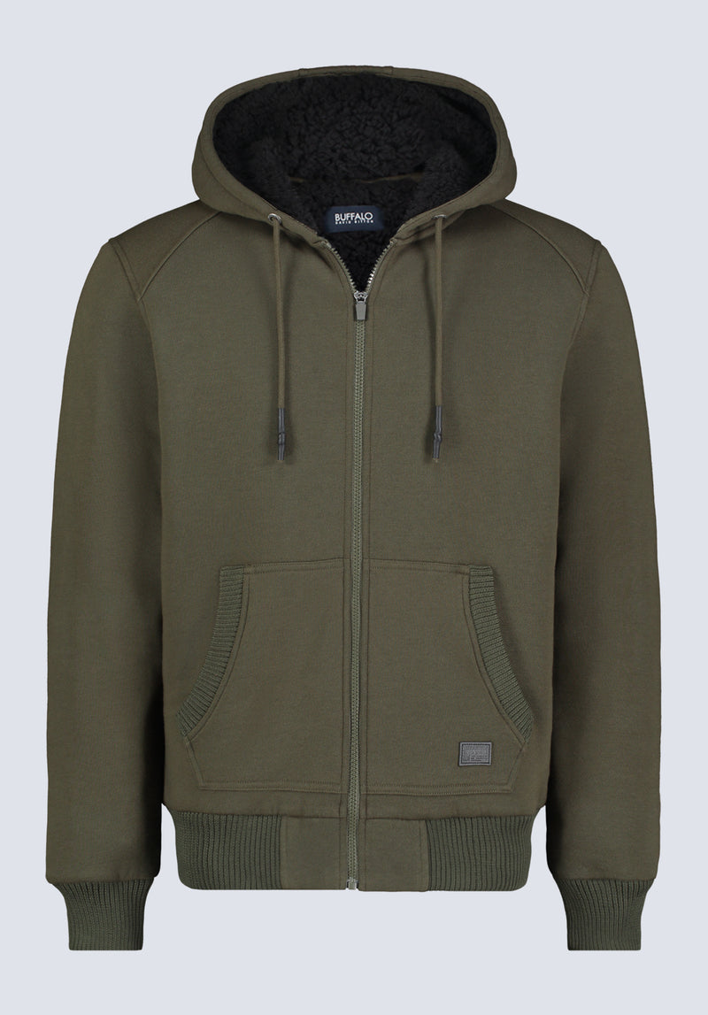 Fasox Men's Zip-Up Hooded Jacket with Sherpa Lining, Fern Green - BM24463