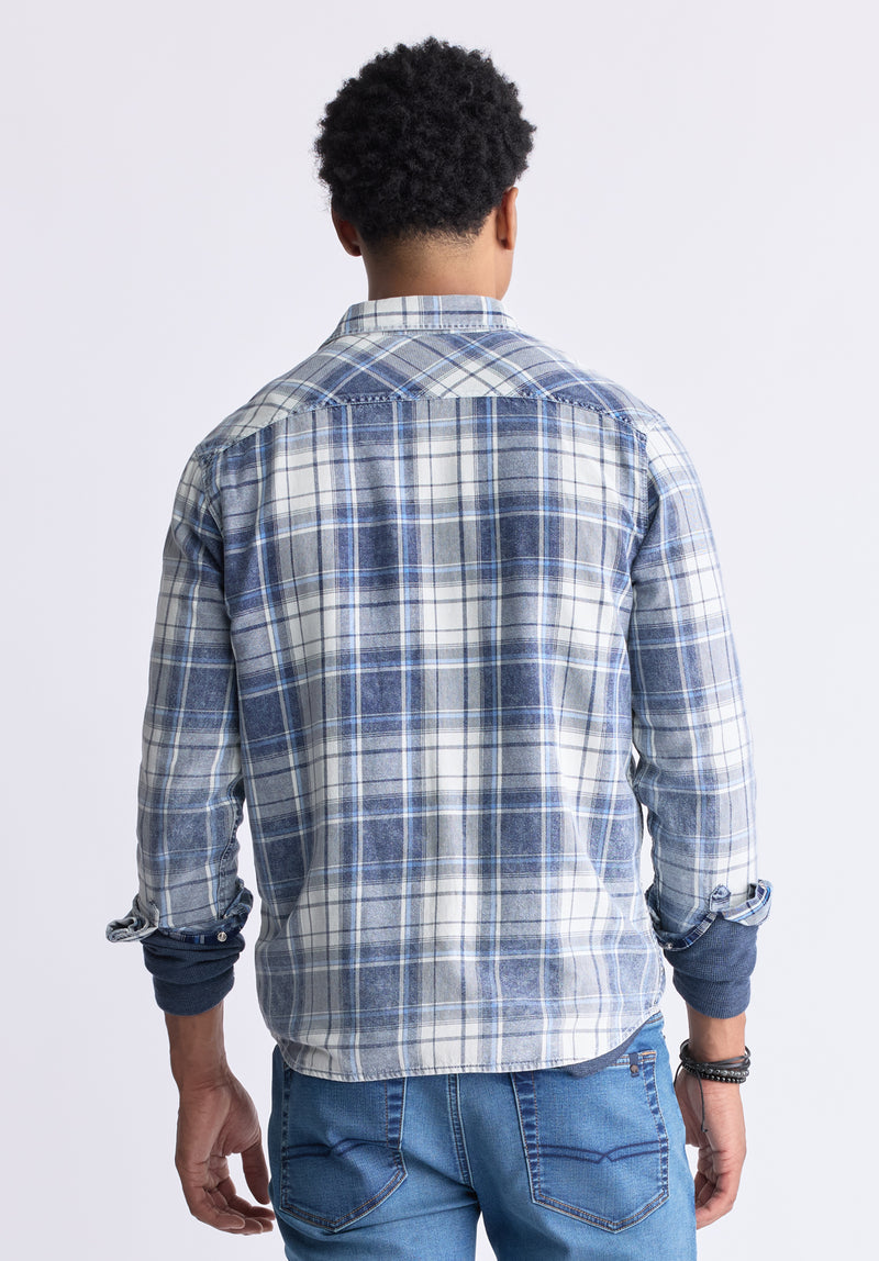 Buffalo David Bitton Sierra Men's Long-Sleeve Plaid Shirt, White & Mirage Blue - BM24465 Color MIRAGE