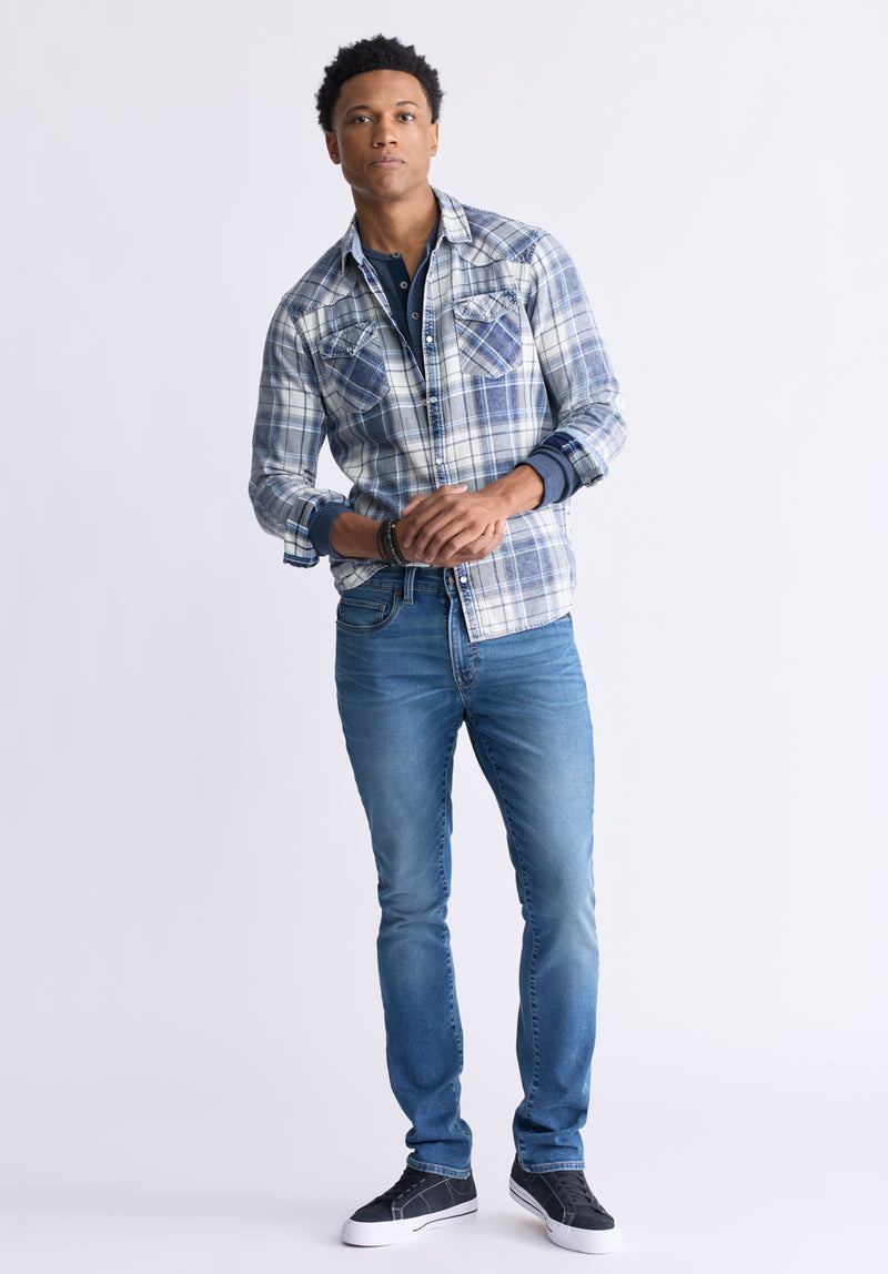 Buffalo David Bitton Sierra Men's Long-Sleeve Plaid Shirt, White & Mirage Blue - BM24465 Color MIRAGE