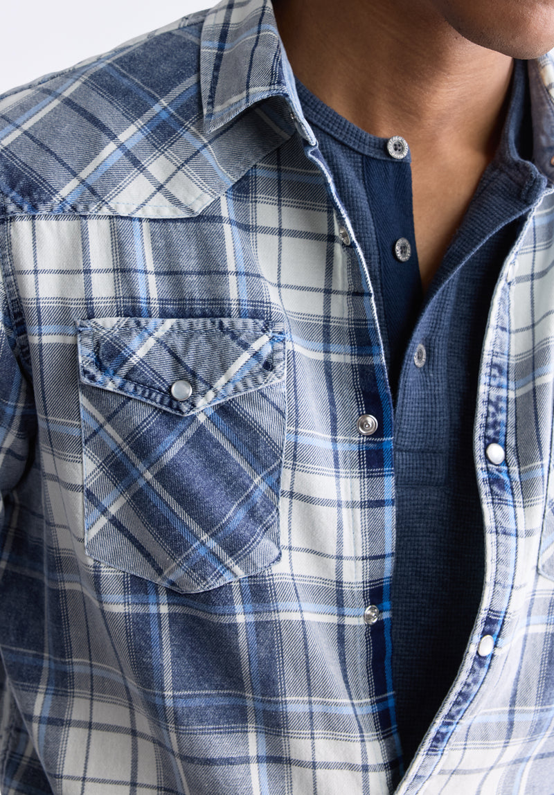 Buffalo David Bitton Sierra Men's Long-Sleeve Plaid Shirt, White & Mirage Blue - BM24465 Color MIRAGE