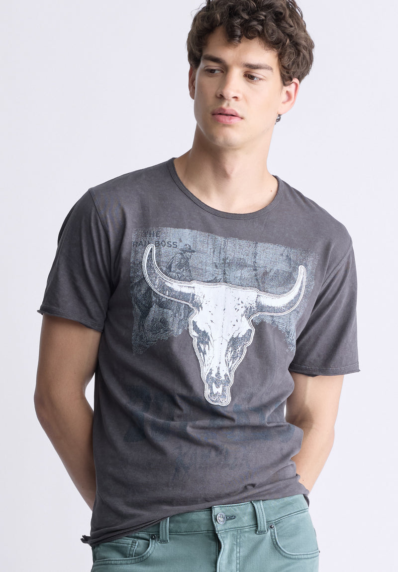 Buffalo David Bitton Tilton Men's Short-Sleeved Graphic T-Shirt, Charcoal - BM24473 Color CHARCOAL