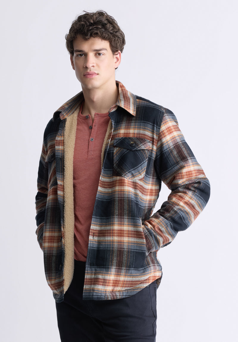 Buffalo David Bitton Jalika Men's Plaid Shacket with Sherpa Lining, Black and Brown - BM24488 Color MARMALADE