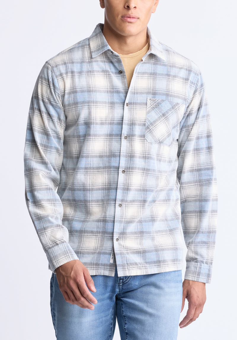 Satro Men's Plaid Button-Up Shirt, Bue - BM24498