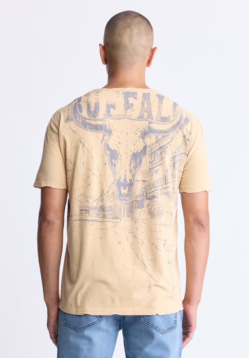 Tivis Men's Distressed Buffalo Graphic T-Shirt with Back Print, Curry - BM24510