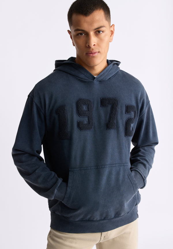 Farhim Men's Hoodie with Textured Appliqué, Midnight Blue - BM24517