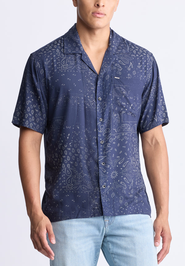 Santi Men's Paisley Print Short-Sleeve Button-Up Shirt, Midnight blue - BM24521