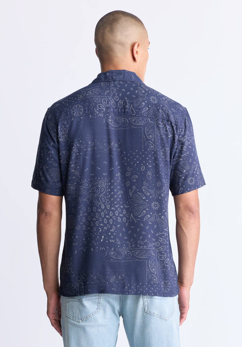 Santi Men's Paisley Print Short-Sleeve Button-Up Shirt, Midnight blue - BM24521