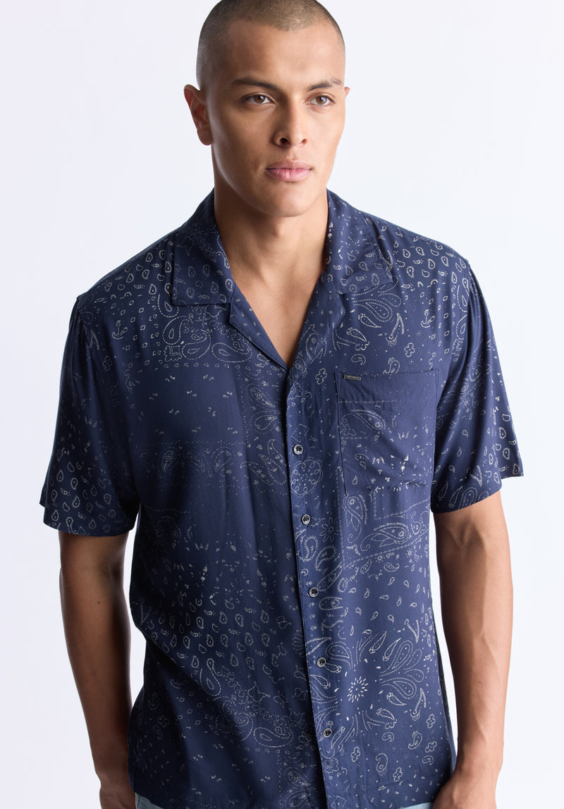 Santi Men's Paisley Print Short-Sleeve Button-Up Shirt, Midnight blue - BM24521