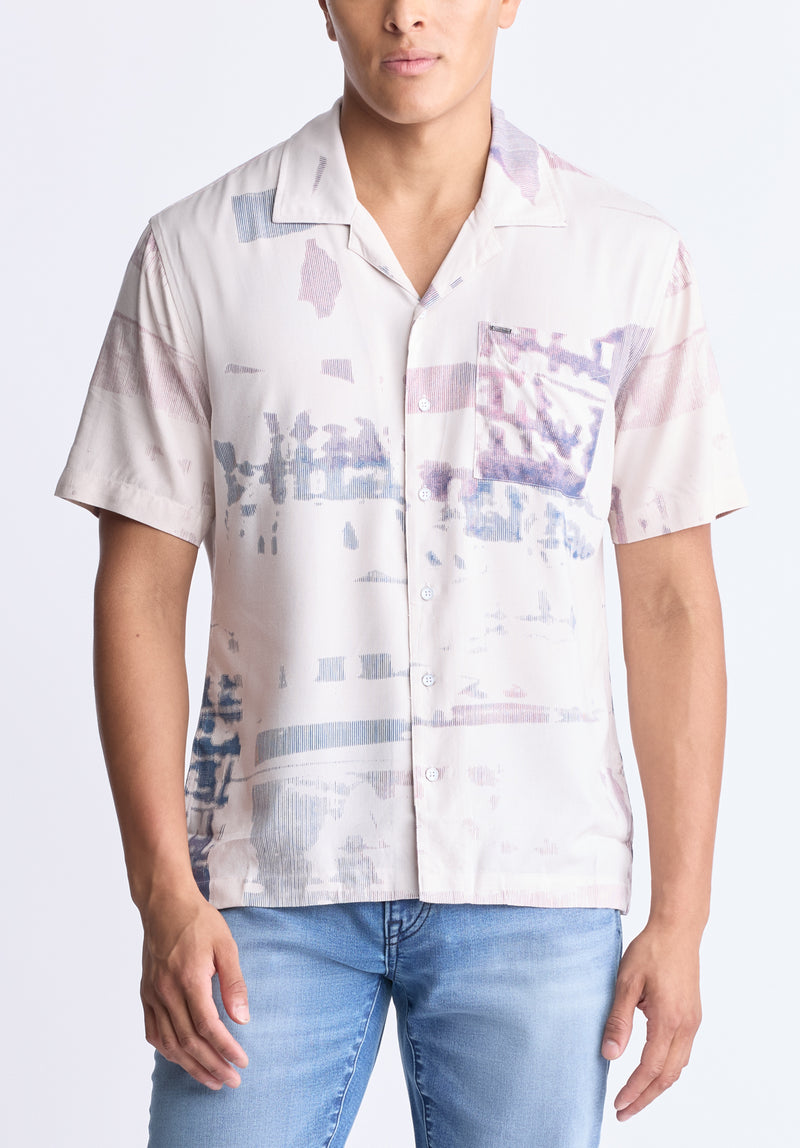 Sabob Men's Abstract Print Short-Sleeve Button-Up Shirt, Moonbeam beige - BM24523