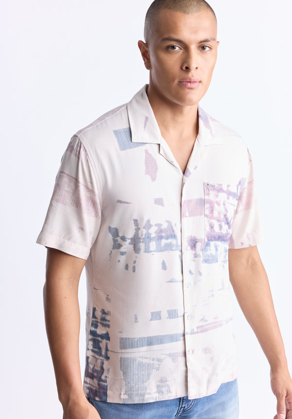 Sabob Men's Abstract Print Short-Sleeve Button-Up Shirt, Moonbeam beige - BM24523