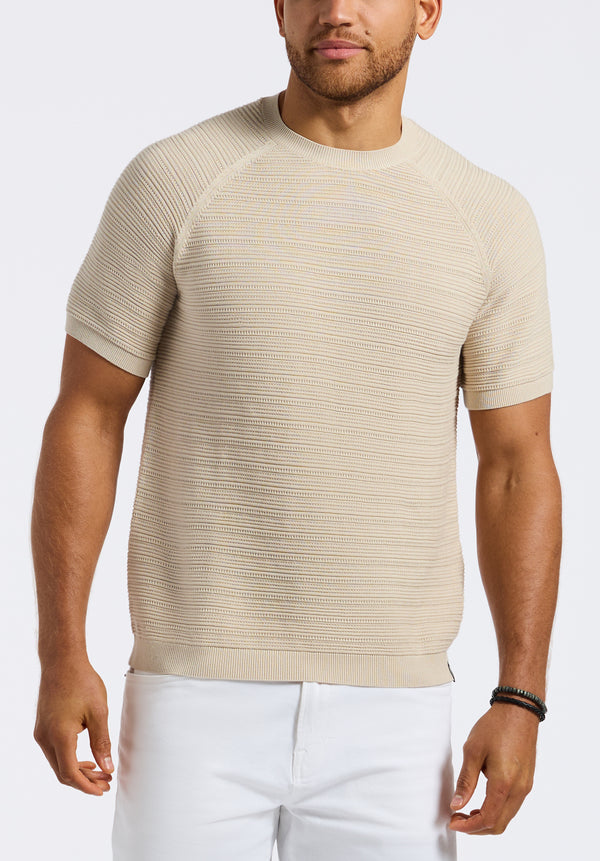 Wipped Men's Textured Knit Short-Sleeve Crewneck Sweater, Buttercream Beige - BM24533