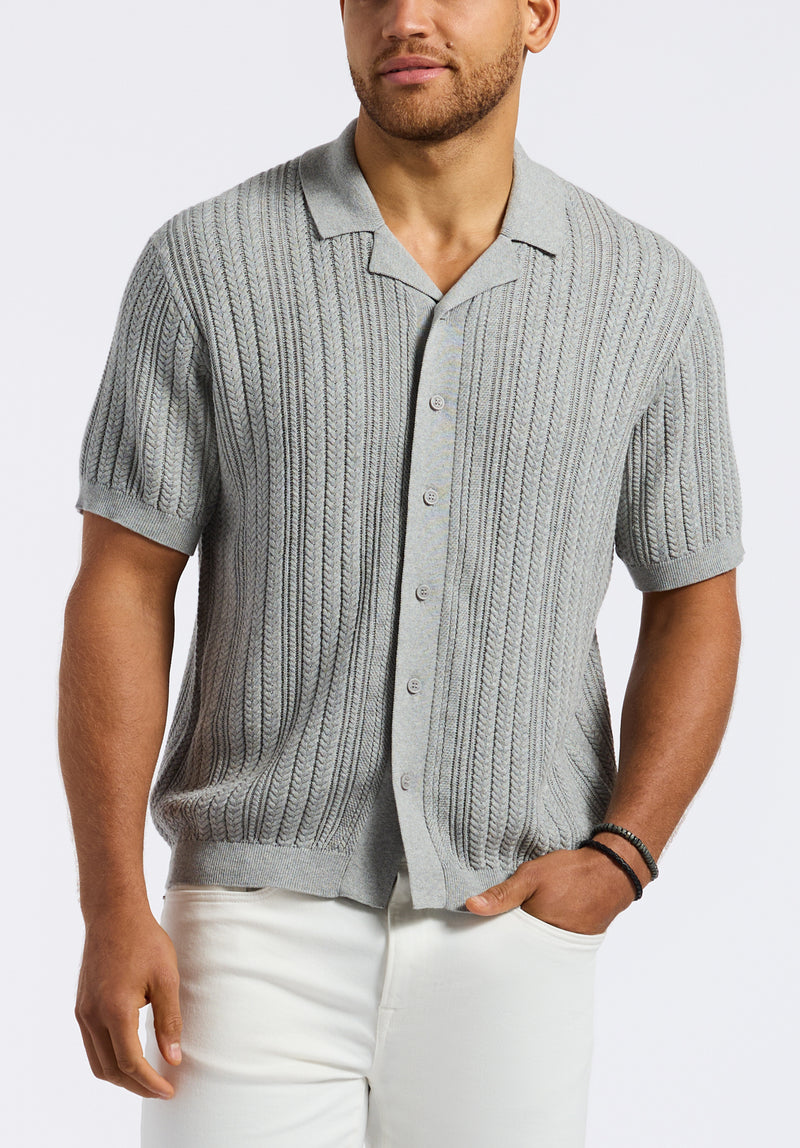 Polo boutonné en maille torsadée à manches courtes pour homme Wasko, Gris chiné - BM24540