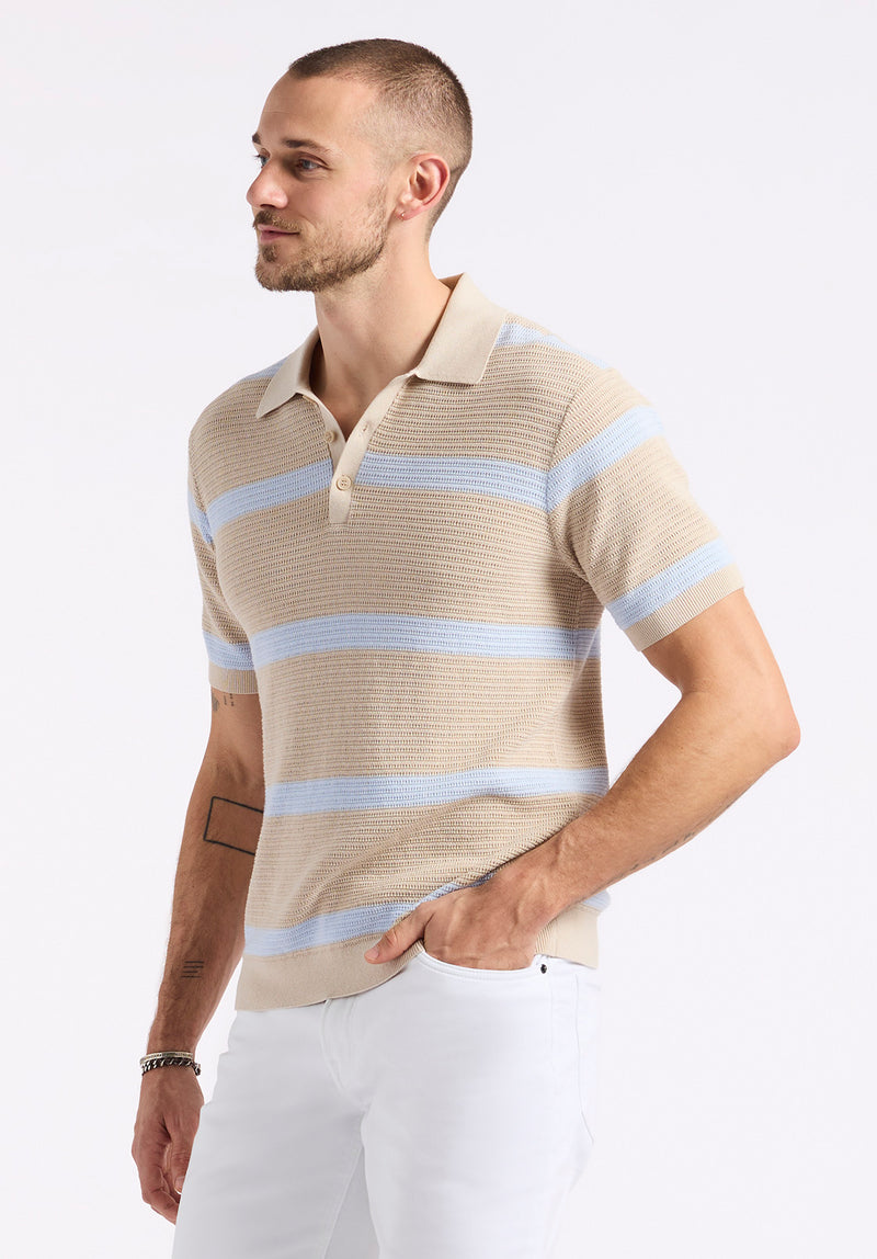 Polo en maille rayé à manches courtes pour homme Winder, Beige peyote - BM24549